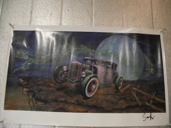 Signed Litho By Sara Ray Purple Car