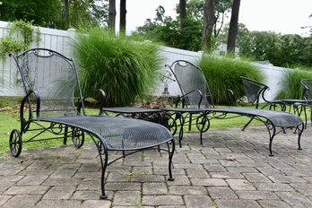 Pair Of Woodard Wrought Iron Lounge Chairs, Tables And Cushions