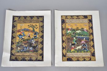 Pair Of Mughal Style Hunting Scene Unframed Gouache Paintings