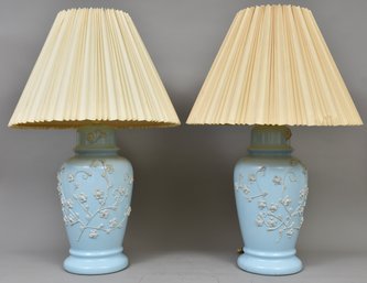 Pair Of Light Blue Table Lamps With Applied Flowers