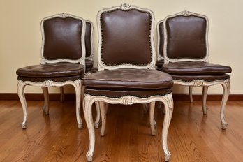 Set Of Seven French Louis XIV Leather Dining Side Chairs