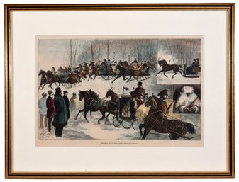 Antique Framed Engraving By Paul Frenzeny Titled 'Sleighing In Central Park'