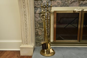 Five Piece Brass Fireplace Tool Set With Stand