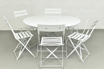 Folding Metal Patio Bistro Dining Set With Six Chairs, Umbrella And Stand