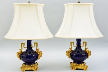 Pair Of Cobalt Blue French Dore Bronze Mounted Table Lamps