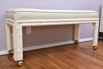 Faux Ostrich Leather Bench On Brass Casters With Bamboo Style Base