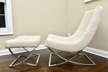 Lee Industries Leather Chair With Polished Stainless Steel Frame And Matching Ottoman