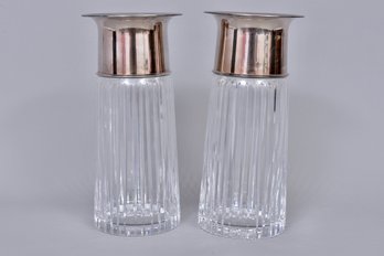 Pair Of Crystal Vases With Silver-plate Rims