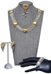 Custom Made Sterling Silver 18K Heart Necklace, Bracelet, Earrings And Pin Set