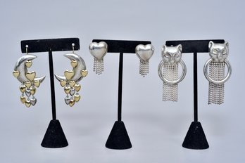 Pair Of Sterling And 18K Gold Moon/Heart Earrings And Two Pairs Of Sterling Silver Pierced Earrings