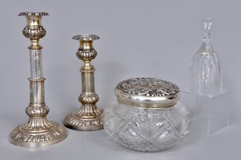 Antique Powder Jar With Sterling Rim, Silverplate Adjusted Height Candlestick Holders And Waterford Bell
