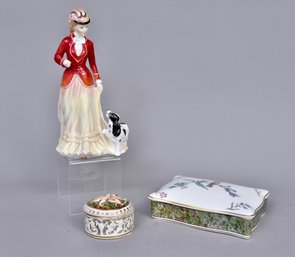 Wedgwood Humming Bird Box, R. Capodimonte Trinket Box And Royal Doulton Sara Figurine