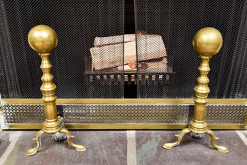 Fantastic Brass Turned And Footed Andirons