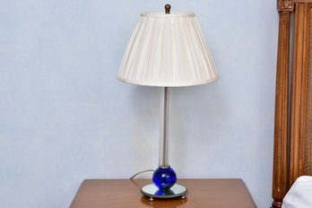 Blue Sphere Glass Table Lamp With Pleated Shade And Mirrored Base