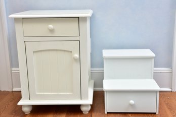 White Wooden Cabinet And Step Stool With Storage