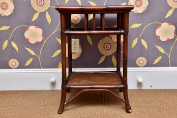 Bamboo Style Wooden And Rattan Double Tiered Side Table