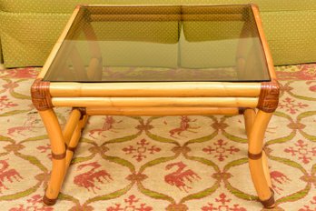 Vintage Bamboo And Rattan Round Table With Smoked Glass Top