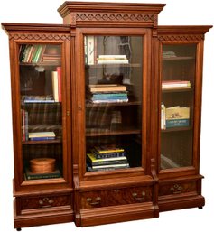 Vintage Three Section Glass Front Wooden Bookcase With Key