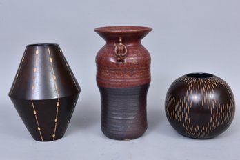 Pottery Vase And Pair Of Wood Vases
