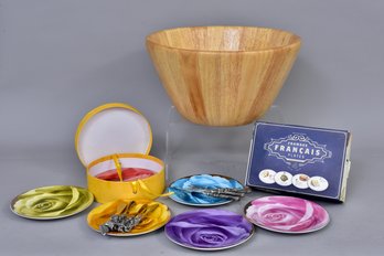 Large Wooden Bowl, Fromage Francais Plates And Set Of 6 Classic Floral Plates