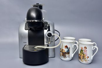 Nespresso Coffee Machine And Set Of Four Norman Rockwell Coffee Mugs