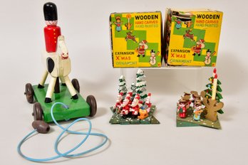 Vintage Escor Pull-Along Toy And Pair Of Wooden Hand Carved Hand Painted Expansion X'mas Ornaments