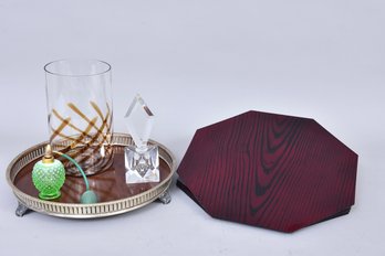 Set Of 8 Fitz & Floyd Lacquer Placemats, F.B. Rogers Laminated Silverplate Tray, Perfume Bottles And Vase