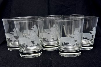 Set Of Eight Bull And Bear Etched Glasses