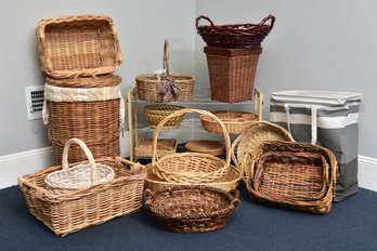 Laundry Baskets, Shoe Rack And Large Collection Of Wicker Baskets