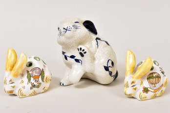 Vintage Hand Painted Potting Shed Bunny Figurine Dedham Style And Pair Of French Faience Bunny Figurines