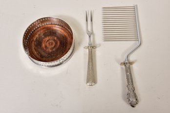 Sterling Silver Rimmed Presidential Wine Coaster, Sterling Silver Handled Angel Cake Cutter And Carving Fork