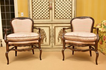Pair Of French Carved Wood Fauteuils With Custom Silk Upholstery