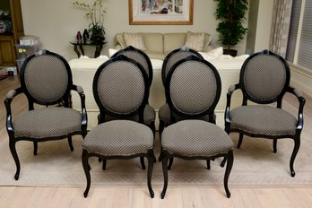 Set Of Six Black Lacquer Upholstered Dining Chairs