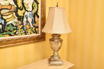 Trophy Form Gilt Table Lamp With Plaid Silk Shade