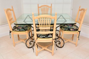 Set Of Four Rush Seat Carved Wood Chairs And Majestic Dining Table
