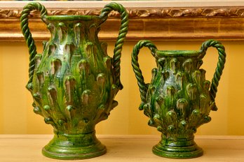 Pair Of Italian Peasant Village Drip Glazed Urns With Twisted Handles