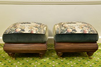 Pair Of Tapestry Ottomans With Wood Base On Brass Casters