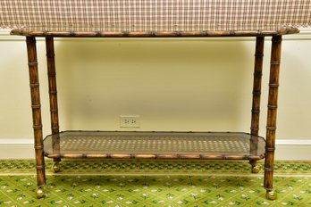 Bar Cart Cane Console With Faux Bamboo And Glass Top On Brass Casters