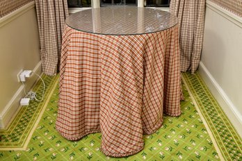 Round Wood Table With Custom Tablecloth And Glass Top