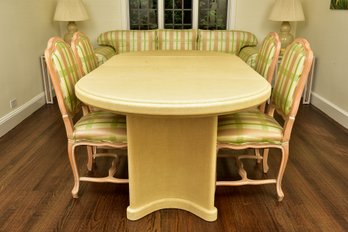Mid-Century Grasscloth Extendable Dining Room Table With Three Leaves