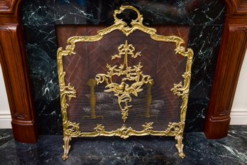 Romantic French Rococo Firescreen In Gilt Brass With Kissing Doves