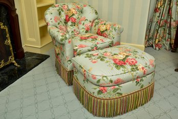 Custom Made Tufted Back Floral Upholstered Fringe Trim Arm Chair With Matching Ottoman