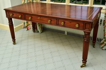 Wood & Hogan Custom Mahogany Three Drawer Writing Table With Leather Tooled Top