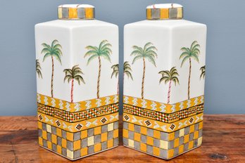 Pair Of Vintage Sylvie Langet Paris Hand Painted Decorative Lidded Jars