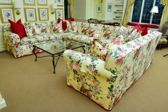 Custom Made U-Shaped Floral Upholstered Three Piece Sectional Sofa And Set Of Ten Throw Pillows