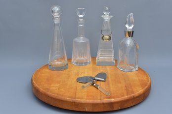Tiffany Crystal Decanter, Round Butcher Block Lazy Susan Board, Three Decanters And Cheese Knives