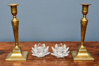 Pair Of Brass Candlestick Holders And Pair Of Lotus Flower Sparkle Crystal Candlestick Holders