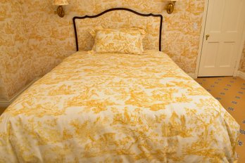 Custom Toile Upholstered Queen Size Headboard, Matching Bedding And Sealy Posturepedic Mattress And Boxspring