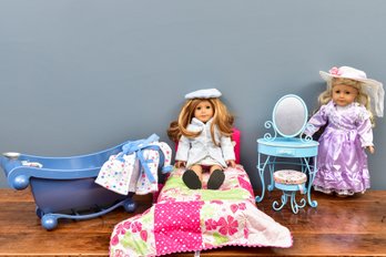 Pair Of American Girl Dolls, Bed, Bathtub, Vanity And More
