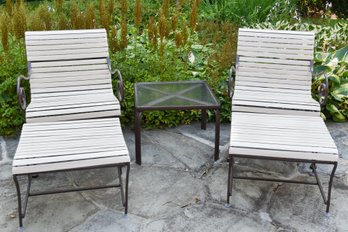 Pair Of Mid-Century Modern Chairs And Ottomans With Vinyl Strapping And Cocktail Table